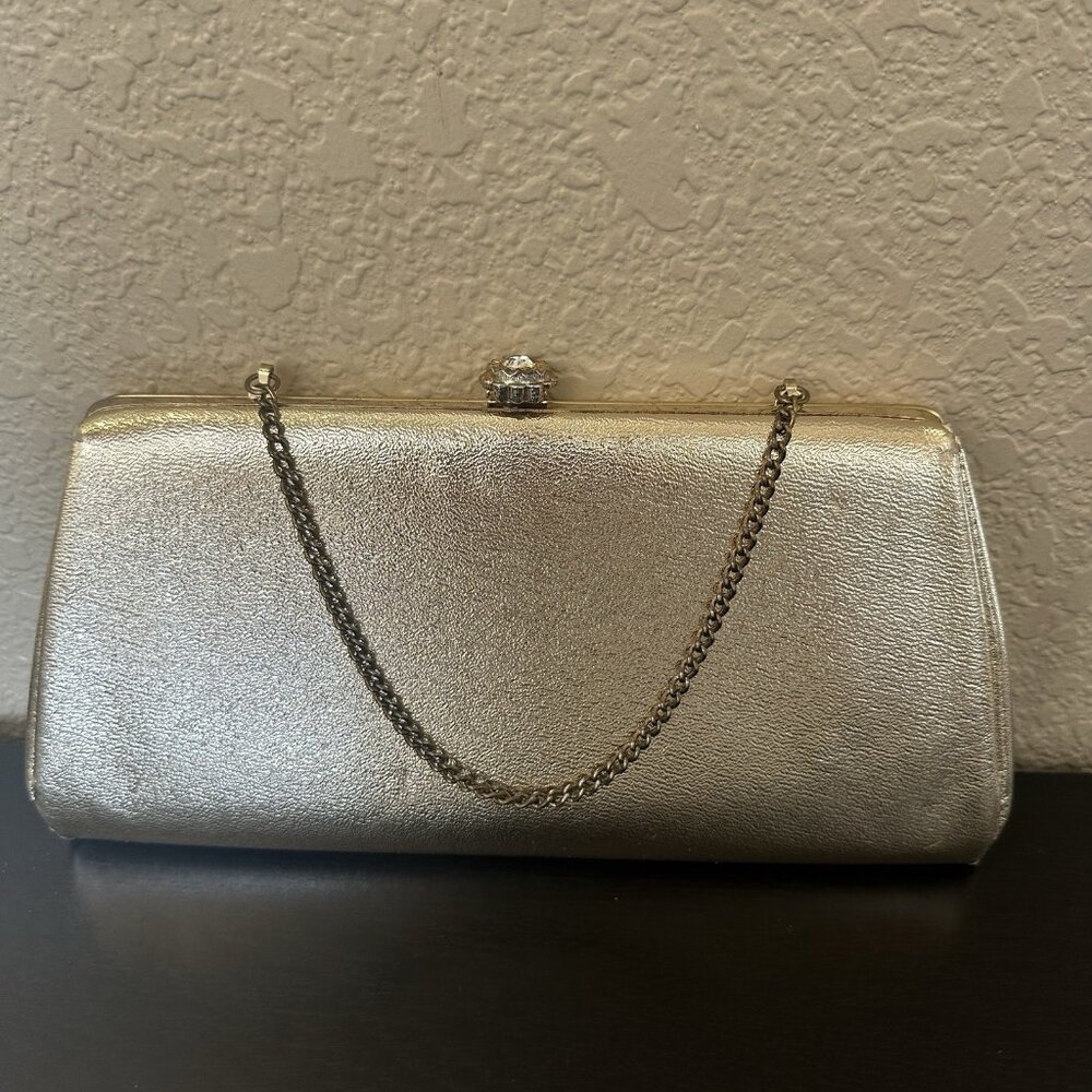 Vintage Gold‎ Metallic Clutch Evening Bag Mini Shoulder Chain Strap Rhinestone